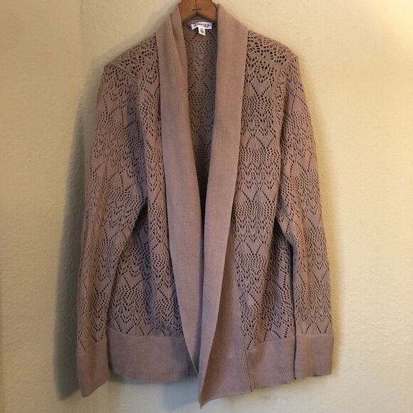St. John's Bay Women's Open Cardigan 2X Taupe Crochet Knit 100% Cotton Cozy Warm - Picture 1 of 9